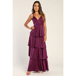 Lulus Going With Elegance Plum Purple Satin Tiered Maxi Dress - Size M